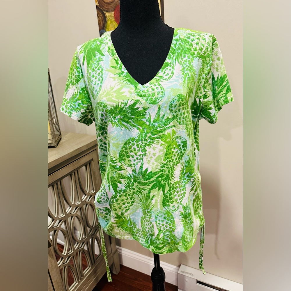 Caribbean Joe Green Pineapple Print Top Size L